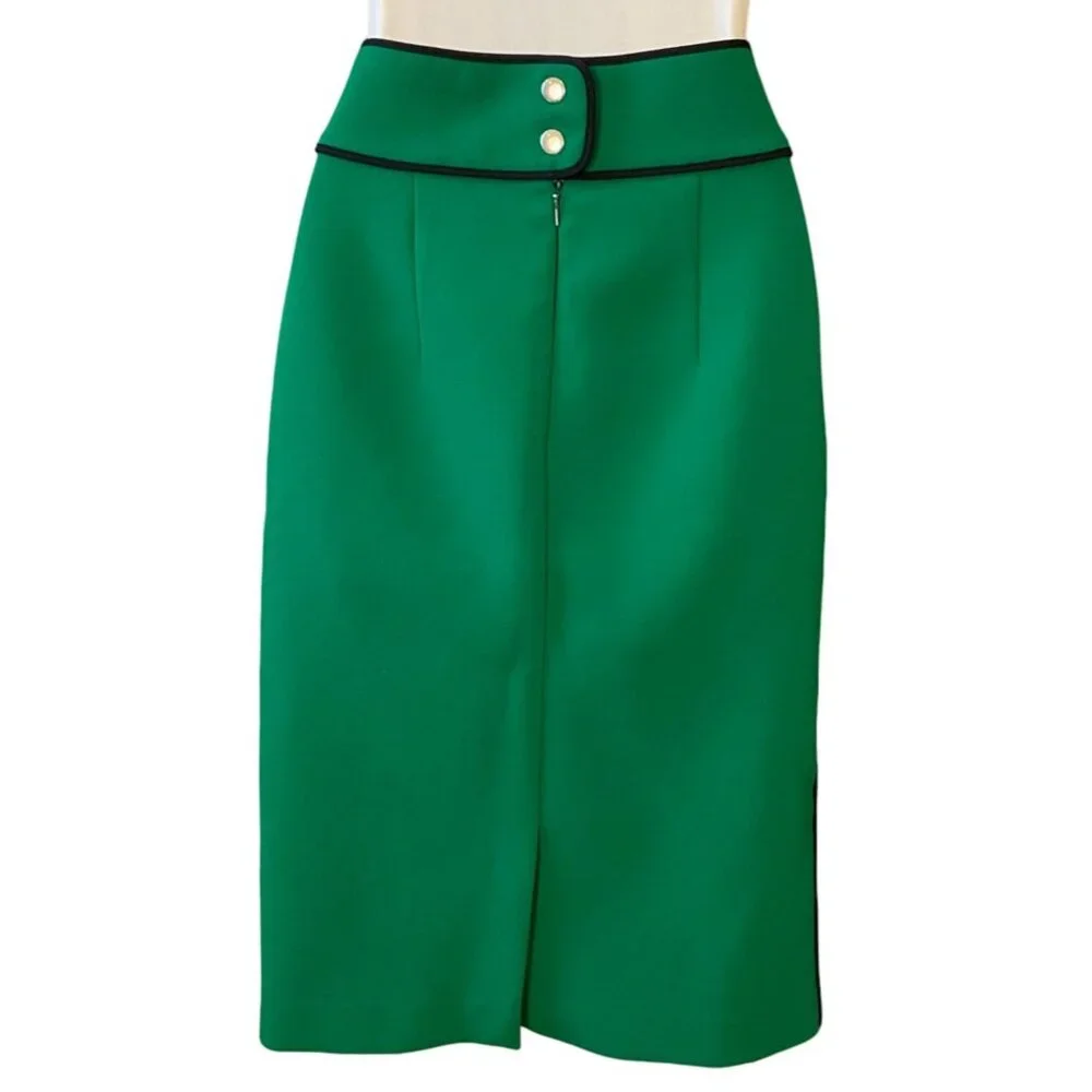 Hugo Boss Vosanna Green Pencil Skirt Navy Piping Details Pockets Back Zip Sz 2 - Picture 4 of 8